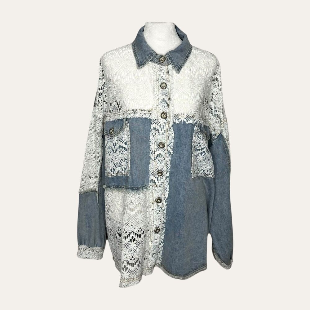 POL Whimsical Denim & Lace Shacket, Ivory/Blue, Size Small. *NWT*